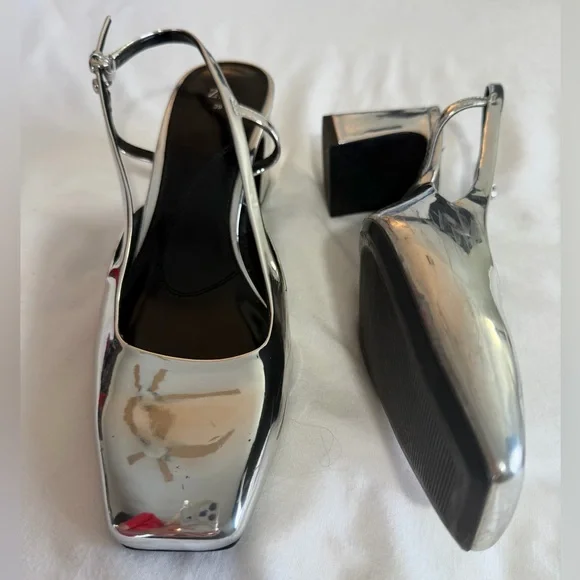 Zara Metallic Silver Slingback shoes heels size 8 Eur 39 - Picture 11 of 11